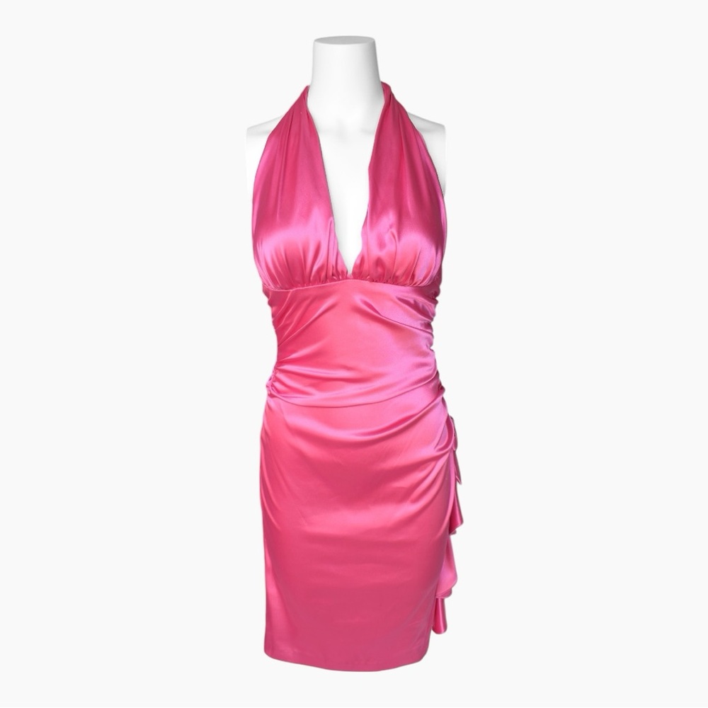 Blondie Nites ✦ Pink Satin Ruched Halter Dress